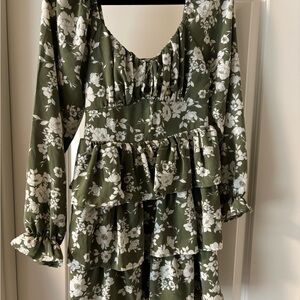 Inspired Hearts Olive Green and White Floral Midi Dress